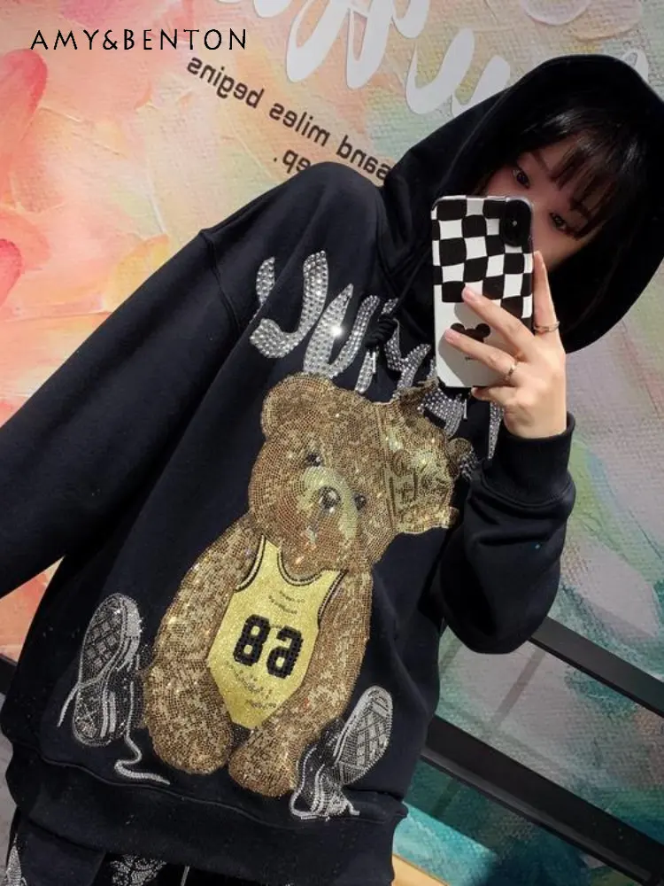 New Spring and Autumn Hooded Rhinestone Sweater Sports Bear Hoodie for Women Luxury Fashion Large High Street Cool Pullover