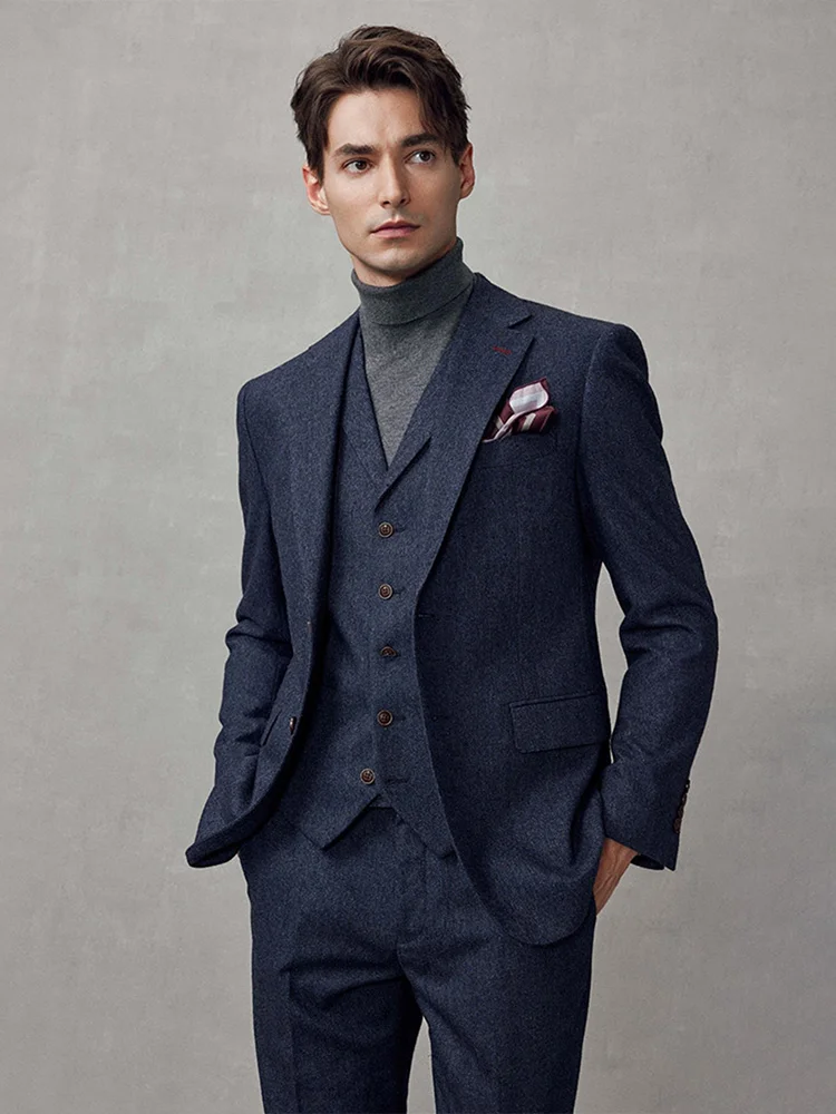 

43% Wool Men Suits Set Blazer + Vest + Pant Slim Fit Luxury Deep Blue Formal Wedding Groom Wear Businessman Casual Clothing 58A
