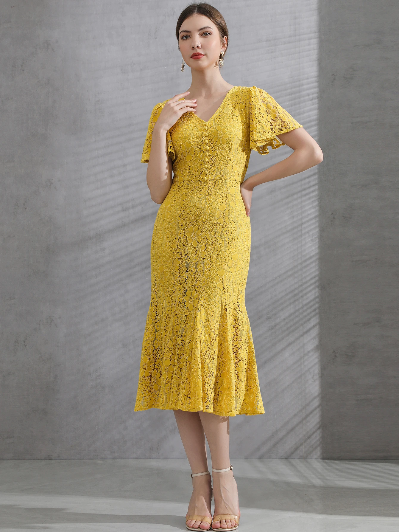

MoaaYina Fashion Designer dress Summer Women's Dress V neck Backless Flare Sleeve Lace Package Hip Trumpet Dresses