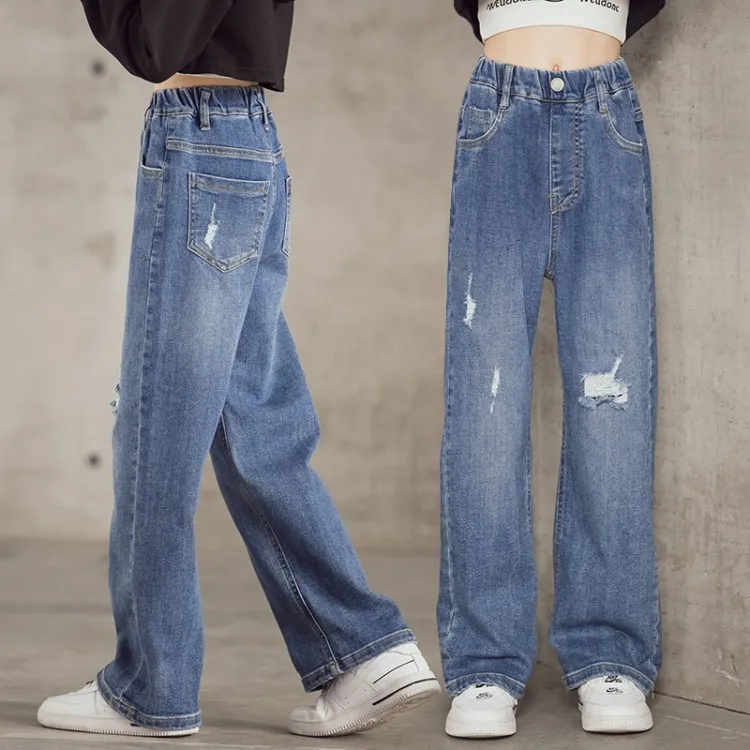 

Girls Ripped Jeans 2022 Spring Blue Wide Leg Pants for Children Fashion All-match Casual Teenagers Kids Trousers 12 13 14 Years