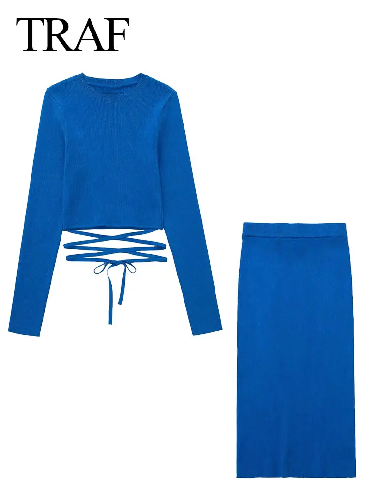 

Костюм TRAF женский из короткого пуловера на шнуровке и облегающей Юбки-миди, модная одежда, однотонный простой комплект из 2 предметов, 2022