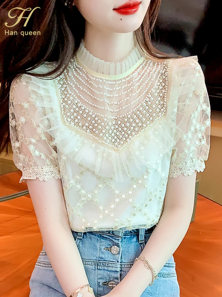 

H Han Queen Hot Sales Summer Basic Embroidered Lace Blusas Vintage Tops Elegant Beading Blouse Women Loose Office Casual Shirts