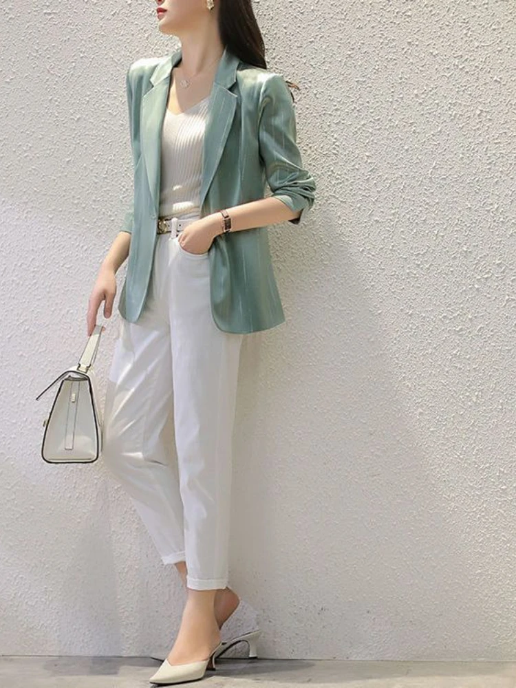 Bright Silk Stripe Triacetic Acid Suit Summer Mint Green Suit Coat Thin Women's Drop Blazers for Women Women Clothing Coats