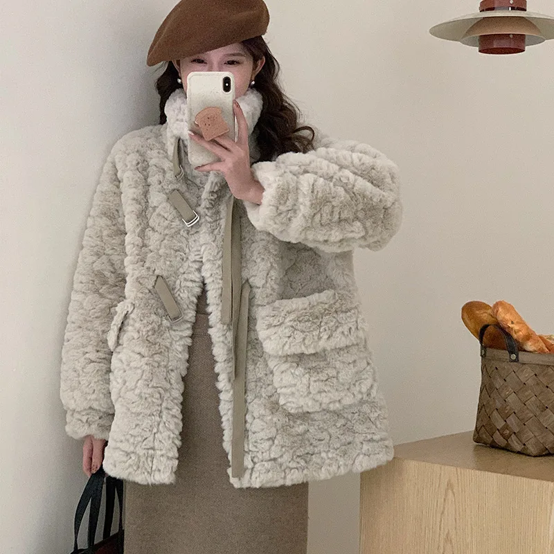 

[Original] Imitation Rabbit Hair Standing Collar Lamb Hair Coat Women's Winter 2023 New Thickened Leather and Wool Integrated