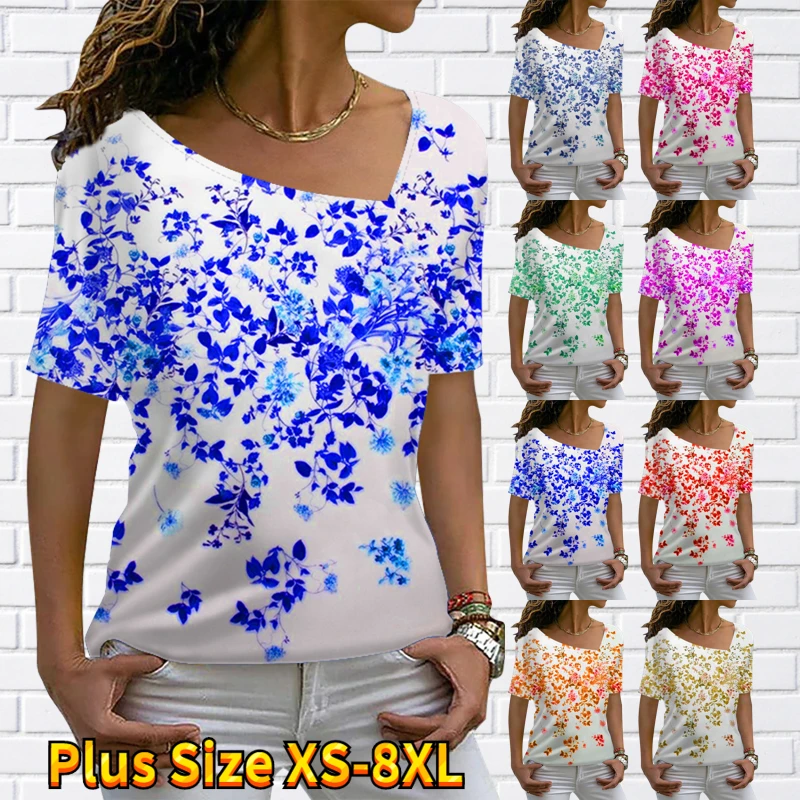 

2022 New Summer Fashion Women's Flower Themed V-Neck T-Shirt Women's Size Vintage Printed Loose Short Sleeve Ladies Clothing