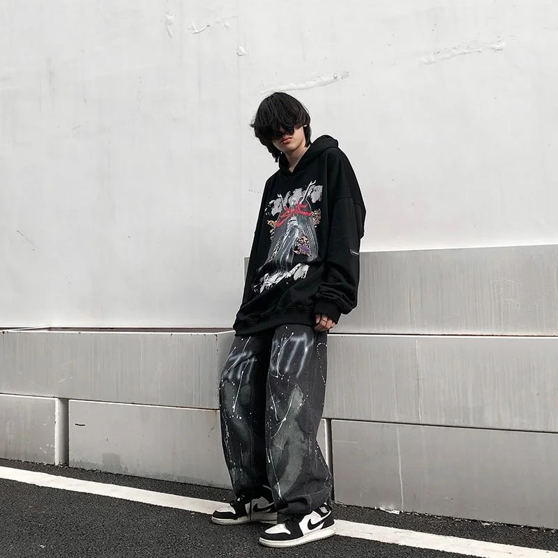 DEEPTOWN Straight Graffiti Jeans Men Streetwear Hip Hop Denim Pants Male Loose Punk Trousers Fashion Casual Letter Black Blue