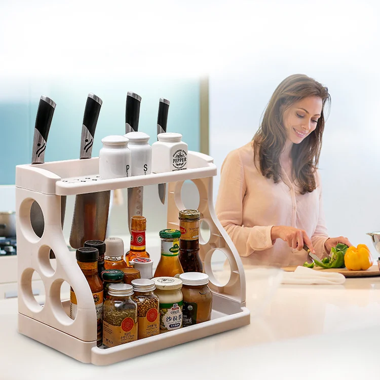 

Kitchen seasoning rack plastic 3-color double-layer knife rack ground seasoning rack storage and sorting rack