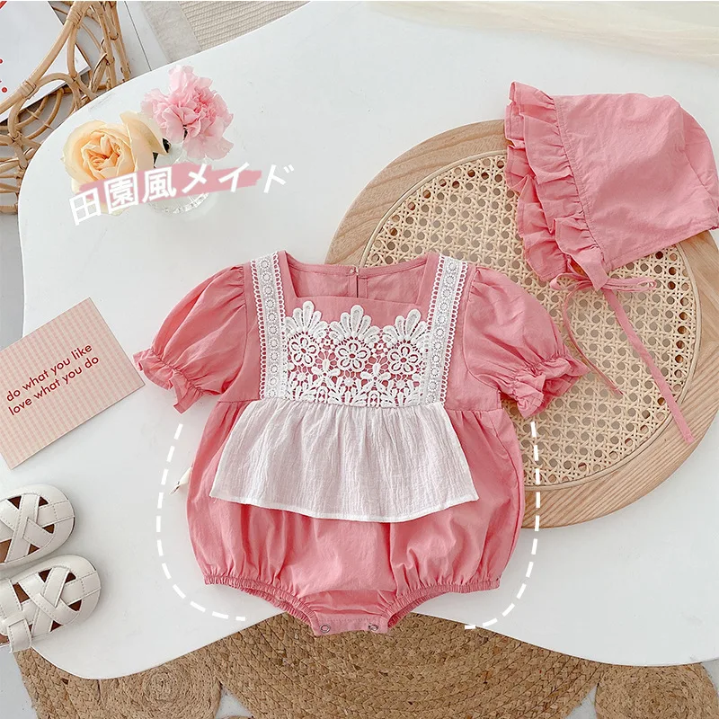 

Toddler Romper Baby Girl Summer Retro Newborn Baby Girl Clothes Cotton Pure Color Infant Girls Outfits 2pcs with Hats
