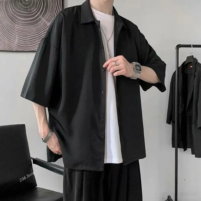 Simple Summer Draped High Quality Korean Style Casual Half Sleeve Shirts Men Solid Color Loose Oversize S-3Xl Harajuku All-Match