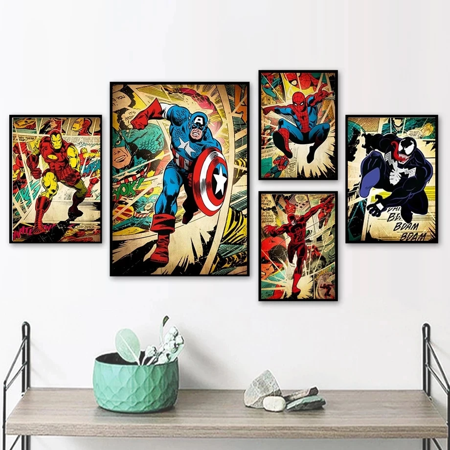 

Superhero Canvas Painting Marvel Wall Art Canvas Picture Spiderman Avengers Decorative Picture Retro Style Poster for Home Decor