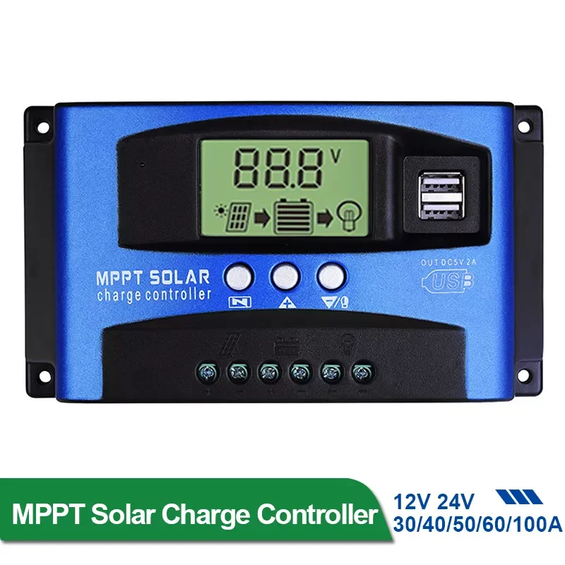 

30/40/50/60/100A MPPT Solar Charge Controller Dual USB LCD Display 12V/24V Auto Solar Cell Panel Charger Regulator Charge
