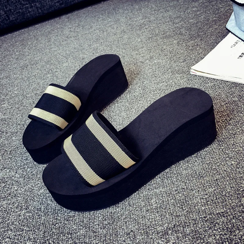 

2022 New Summer Wedge Women Shoes Fashion Striped Thick Sole Luxury High Heel Sandals Hot Sale Casual Slippers Flip-Flops Slides