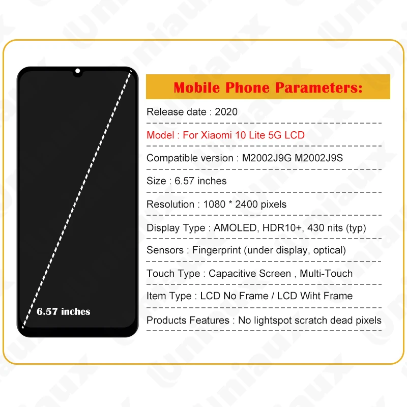 Оригинальный ЖК-дисплей 6 57 дюйма Mi 10 Lite для Xiaomi дисплей с сенсорным экраном