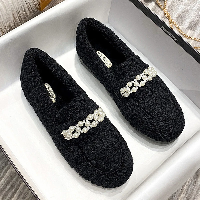 2022 Femmes Wool Sheep Fur Moccasins Women Pearl Beaded Flats Curly Lambswool Shoes Winter Ladies Outdoor Plush Cotton Loafers