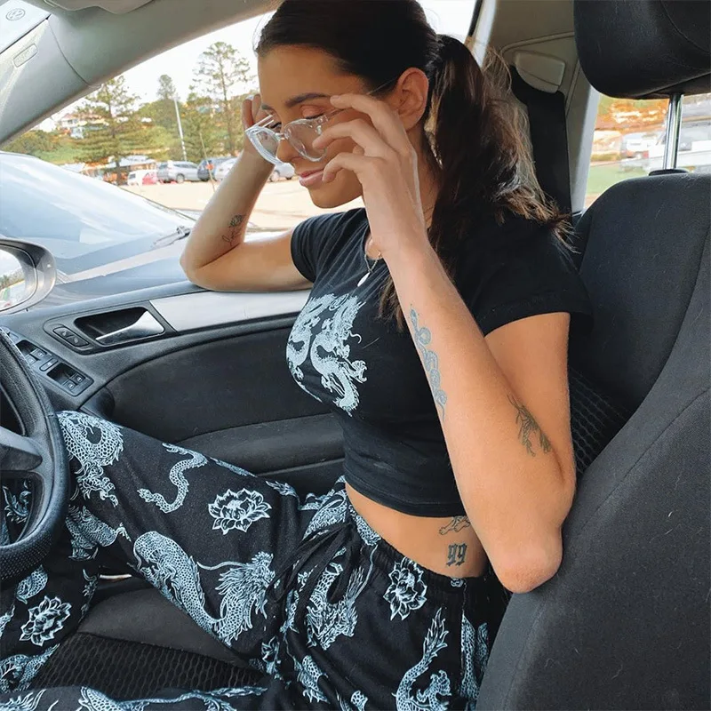 Женская футболка с коротким рукавом и принтом дракона летний модный кроп-топ для