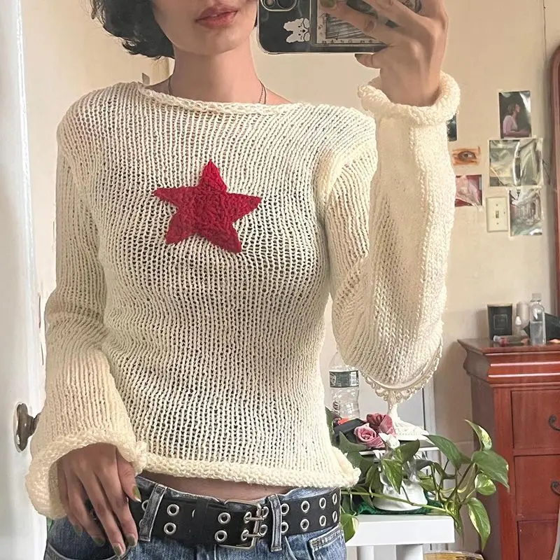 

Harajuku Pullovers Streetwear Women Aesthetic Top Y2k Star Sweaters Grunge Cute Slim Slash Neck Jumpers Sueter Mujer