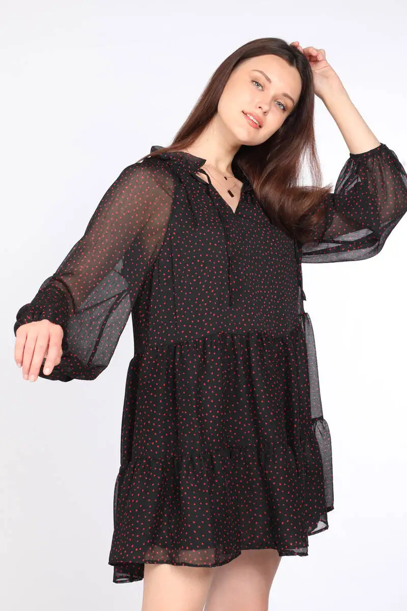 

Womens Black Patterned Tie Collar Chiffon Dress