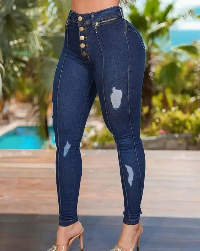 

2023 New Hot Selling Popular Fashion Women's Button Zipper Details Split Fit Jeans