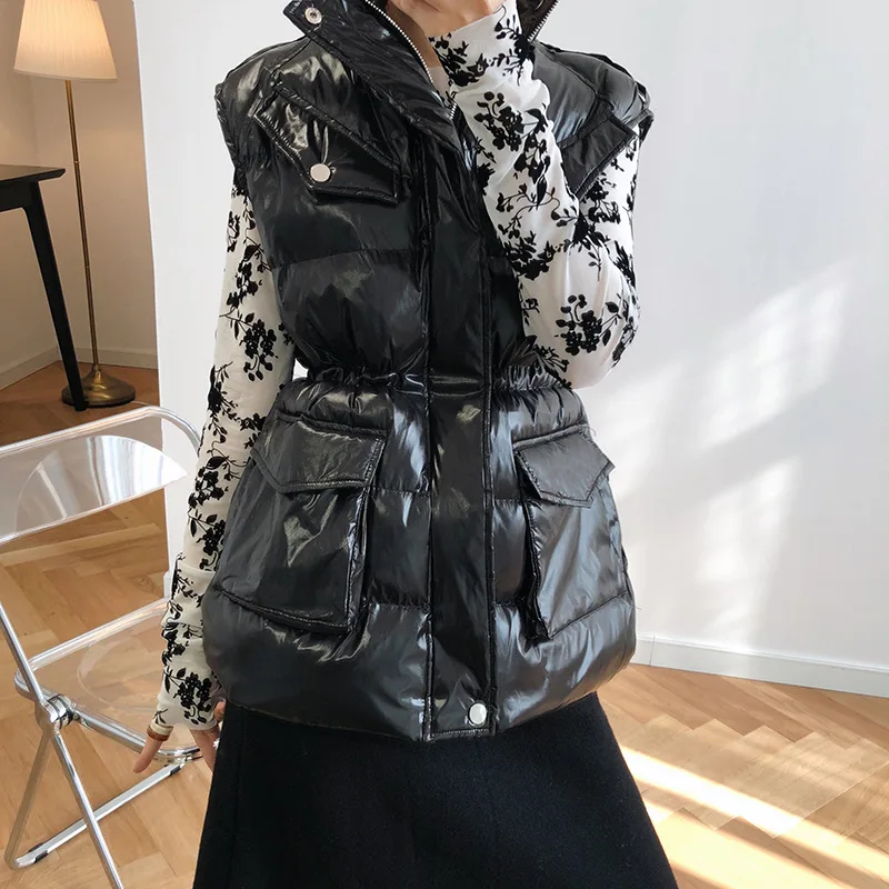 2021 Winter Warm Down Coat Women Fashion Shiny Vest Zipper Pocket Vest Coat Sleeveless Cotton Parkas Women Femme Tops Streetwear