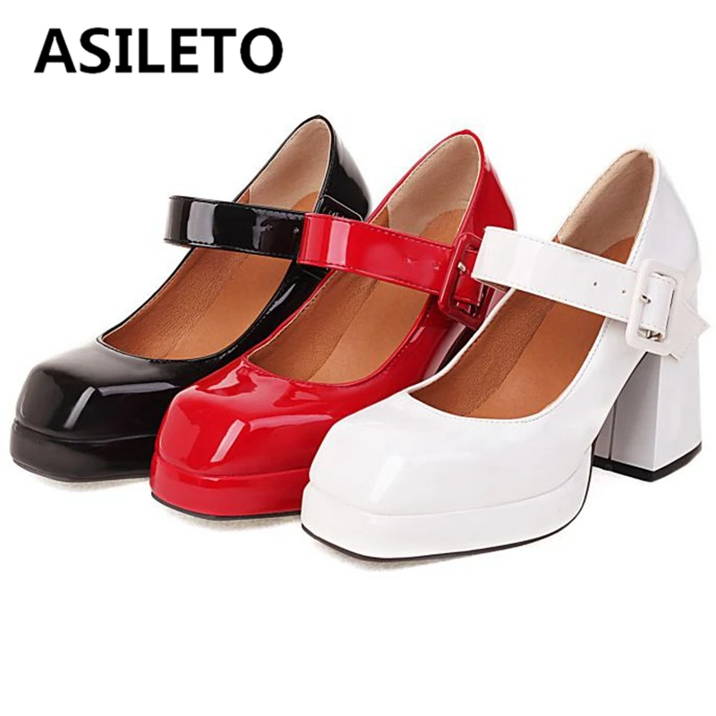 

ASILETO Spring Causal Ladies Shoes Buckle Strap Shallow Pumps Square Toe Chunky Heels Plus Size 32-48 Solid Black White S2967