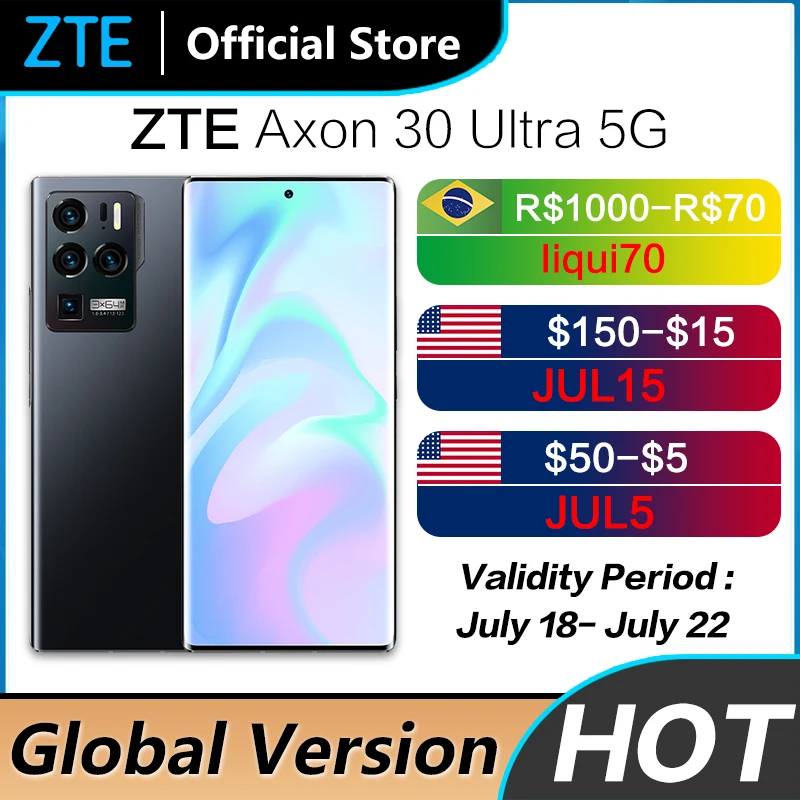 Global Version ZTE Axon 30 Ultra 5G Mobile Phone 6.67'' AMOLED Flexible Curved Screen Snapdragon 888 65W Fast Charging