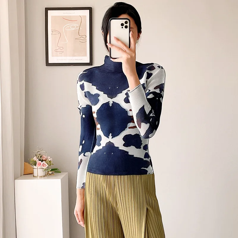 

Женская футболка с длинным рукавом, облегающий топ с высоким воротником и принтом в стиле ретро, осень 2022