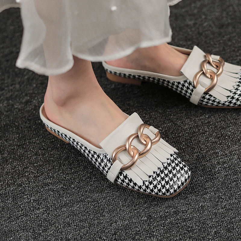 

2022 Women's Slippers natural leather 22-24.5cm cowhide+Houndstooth fabric upper tassel metal chain Half Slippers women sandals