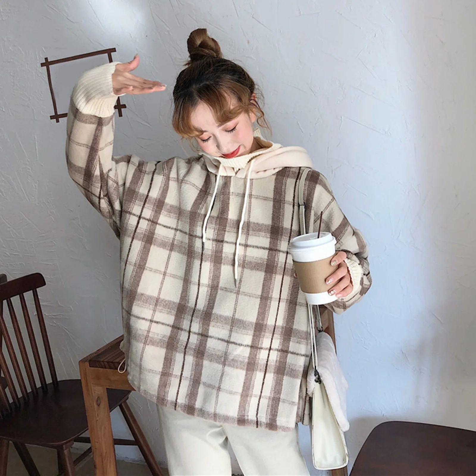 

2022 Autumn Women Casual Hooded Lattice Fake Two Pieces Sweatshirt Women'S Harajuku Hood Coat Outwear Kpop Hoodie Ins Pullover