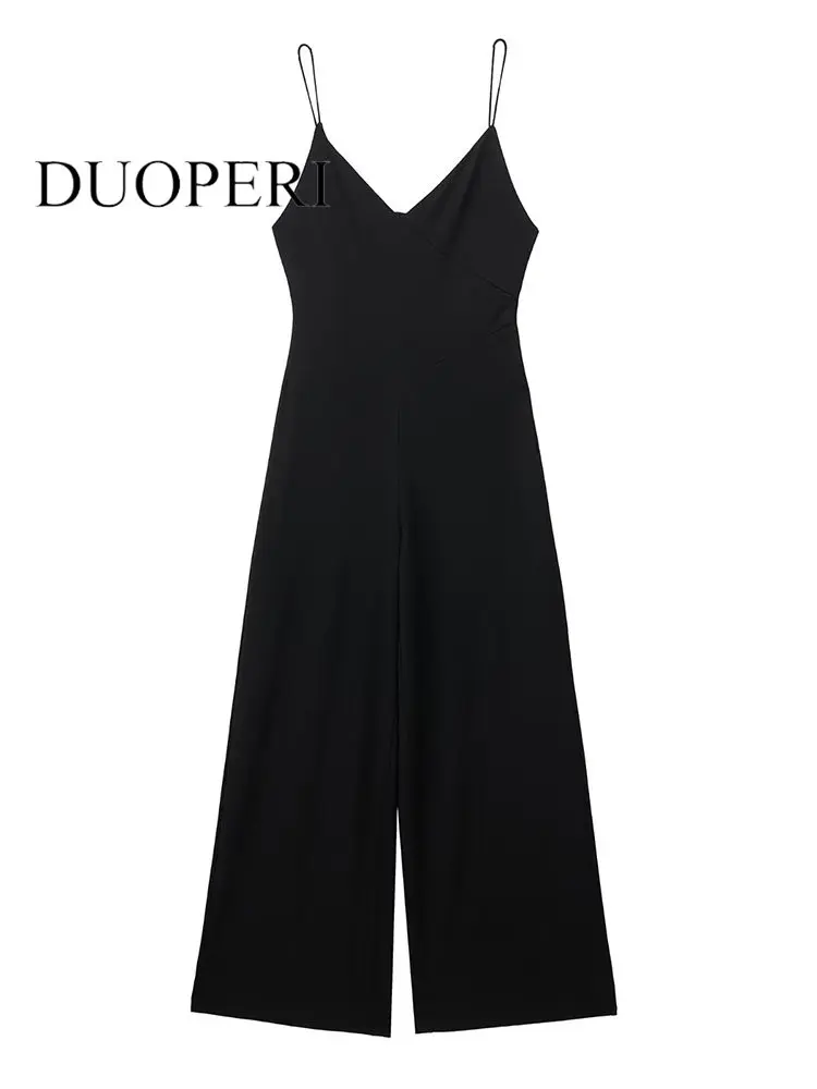 

Комбинезон DUOPERI женский однотонный на тонких бретелях, модный винтажный шикарный костюм с открытой спиной, с V-образным вырезом, черный