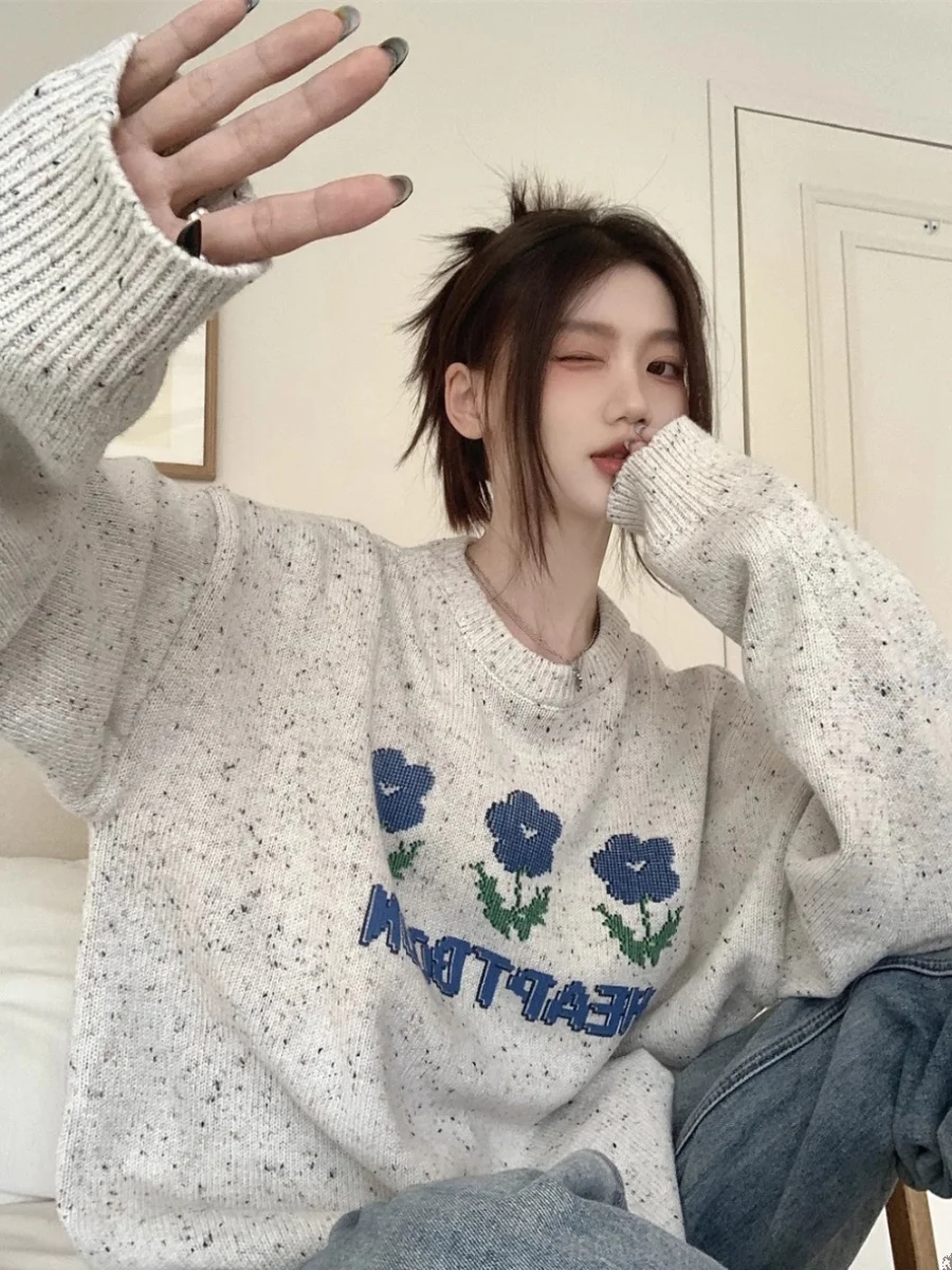 Женский мягкий клейкий свитер с цветочным узором Свободный пуловер в Корейском