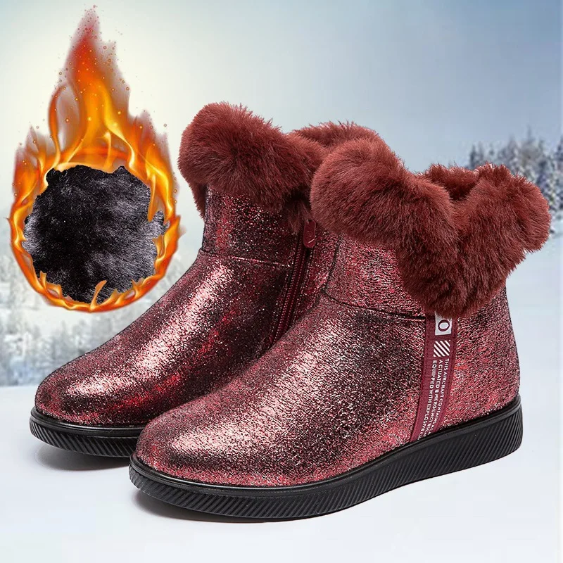 Bling Snow Boots Women Plush Warm Cotton Shoes Female Thicked Bottom Shiny Warm Boots Non-Slip Casual Winter Ankle Botas