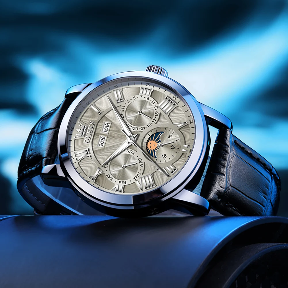 Фото OLEVS Tourbillon Автоматические наручные часы с турбийоном, водонепроницаемые, многофункциональные, механические, мужские, кожаные, Relogio Masculino №4