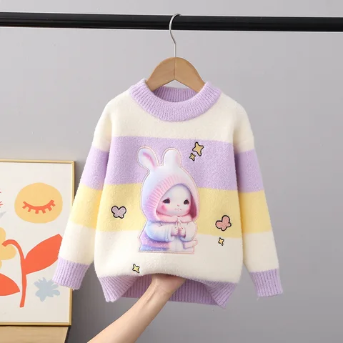 Детские свитера, пуловер для девочек на осень и зиму, плотный теплый свитер для девочек с мультяшным кроликом и круглым вырезом, вязаная рубашка с длинными рукавами