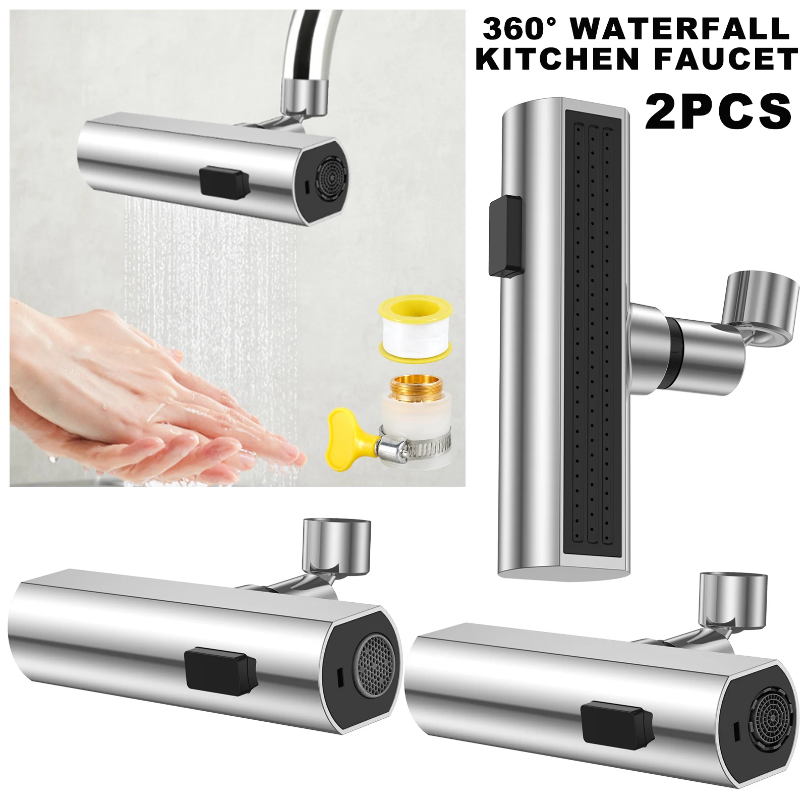 

2Pcs Waterfall Kitchen Faucet 3 in 1 360° Swivel Water Tap Universal Kitchen Sink Faucet Electroplated Silver Waterfall Spout