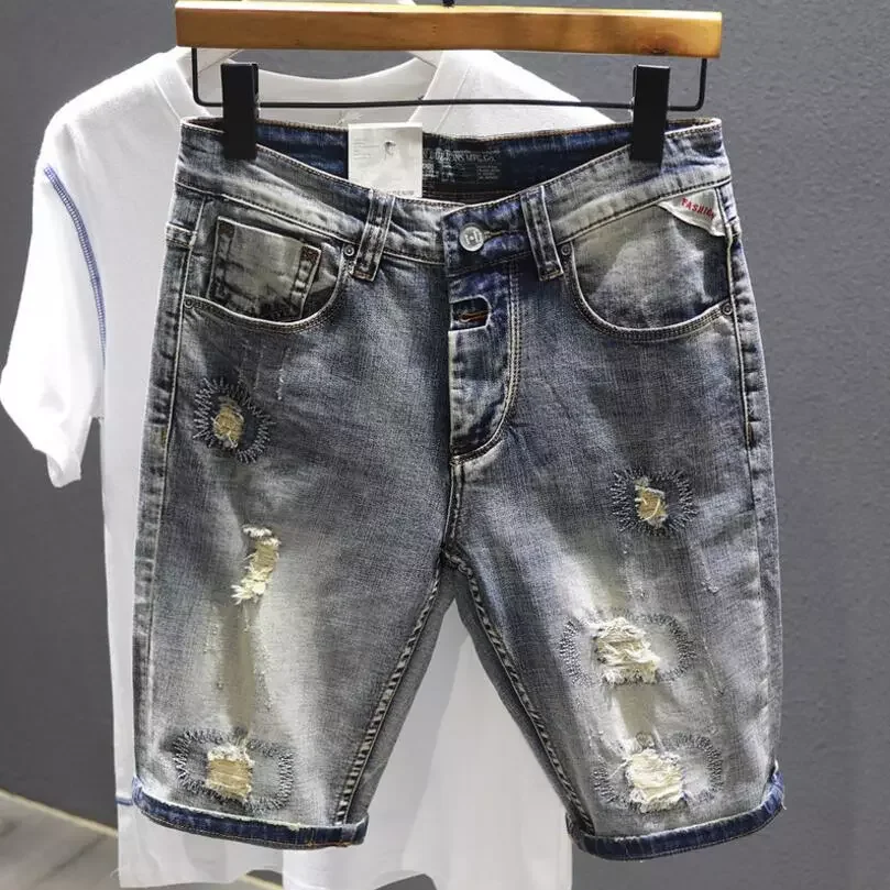 New2022 Gray Denim Shorts Holes Jeans Elastic Casual Shorts High Quality Male Stretch Cotton Denim Jeans Shorts Knee Length Jean