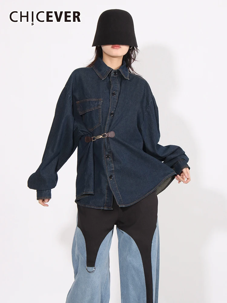 

CHICEVER Solid Loose Denim Coats For Women Lapel Long Sleeve Single Breasted Patchwork Belt Streetwear Vintage Jackets Female