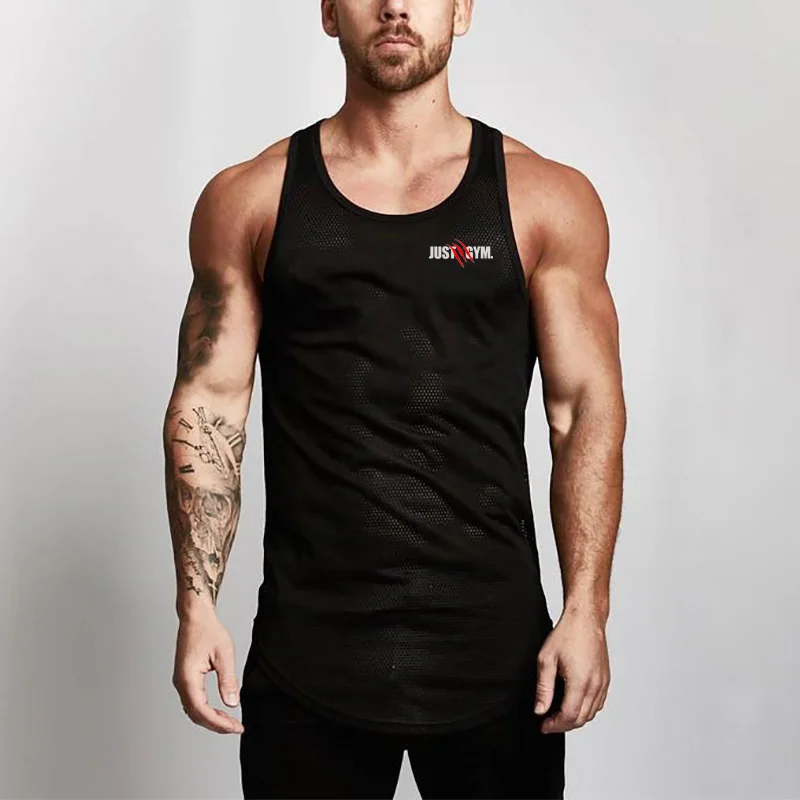 

New Gym Mens Running Vest Workout Clothing Mesh Casual Tank Top Fashion Fitness Sleeveless Quick-drying Breathable Singlets