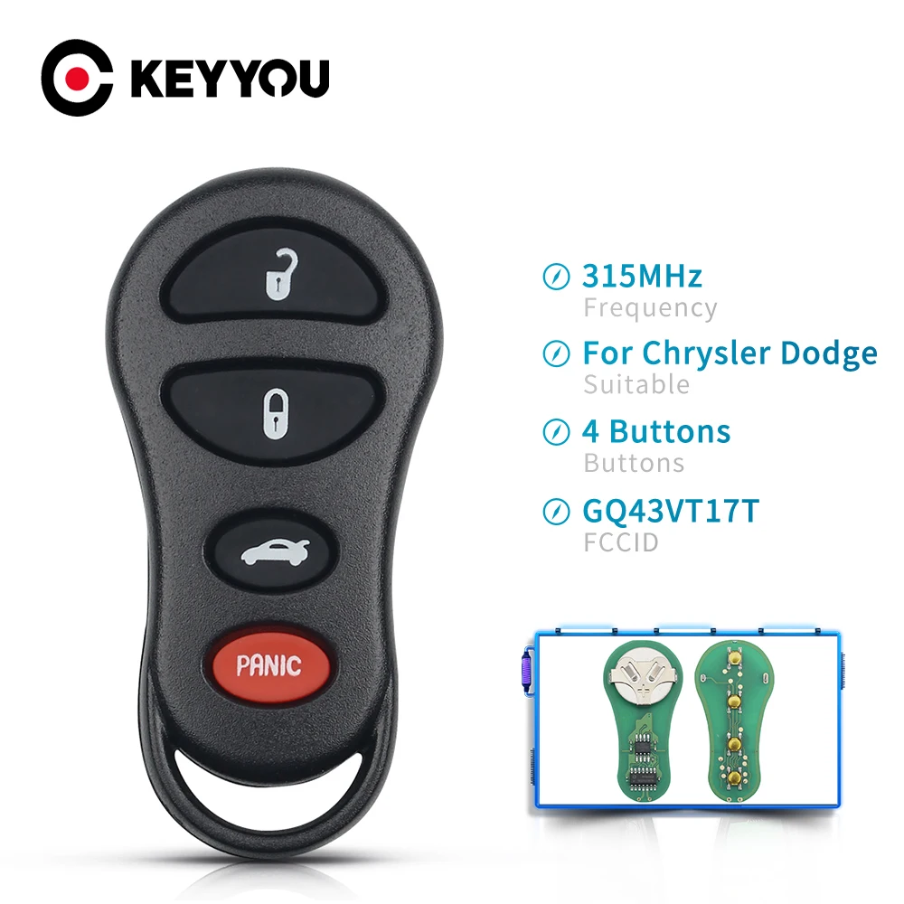 

Клавиатура KEYYOU 3 + 1, 4 кнопки, 315 МГц, для Jeep Dodge 2002, 2003, 2004, 2005, караван Dakota Durango Chrylser GQ43VT17T