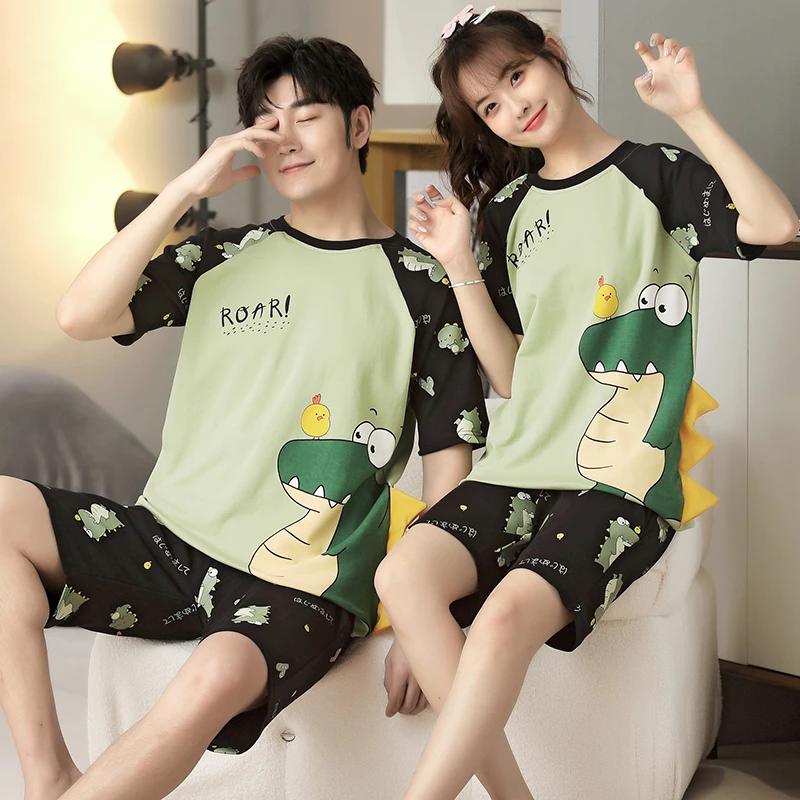 

5XL Summer Couple Pajamas Sets Women Pijama Cotton Korean Cartoon Men Sleepwear Cute Crocodile Lovers Night-Clothes Nightwear