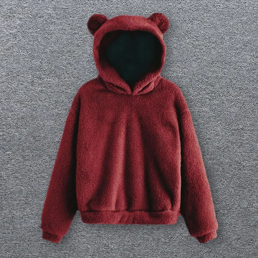 

Women Winter Hoodie Solid Color Plush Thick Hooded Cozy Keep Warm Soft Plus Size Ears Decor Lady Hoodie for Daily Wear