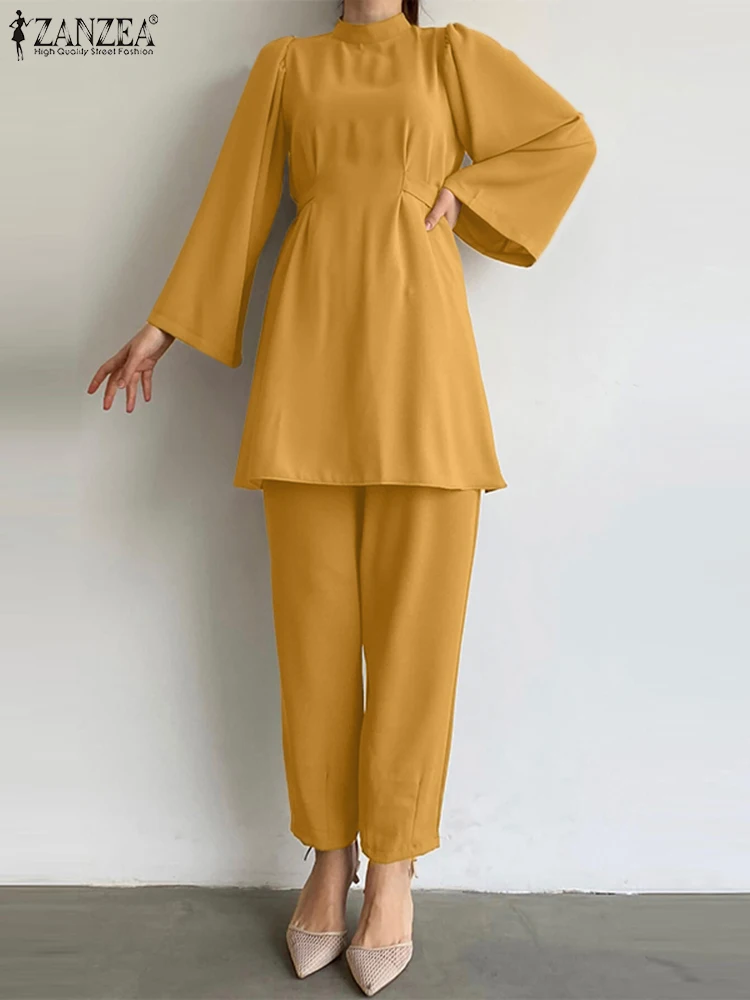 

ZANZEA 2023 Elegant Elastic Waist Pocket Trouser Matching Sets Women Solid 2PCS Pant Suit Fashion Cinched Waist Long Tops Outfit