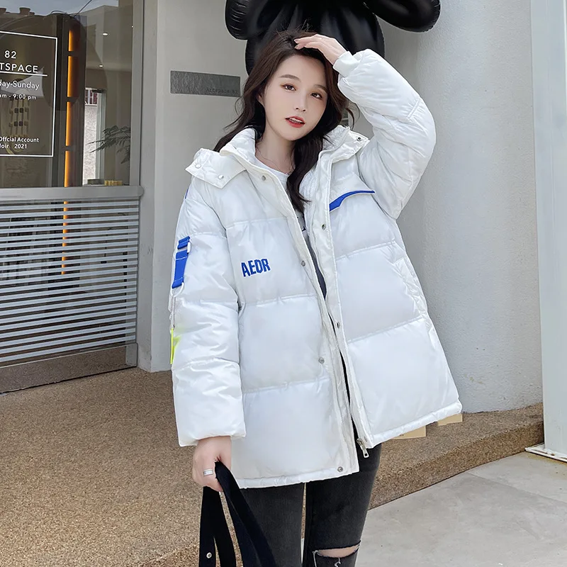 

Куртка женская хлопковая короткая, Корейская версия свободного покроя, сеточка, парные модели, черная блестящая модная одежда с надписью хл...