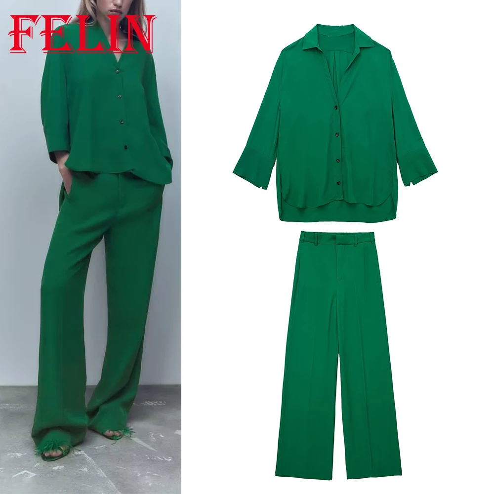 

TRAF Woman 2022 Autumn New Fashion Casual Solid Green Women Suits Buttons Wrist Vents Loose Shirts Zipper Wide Leg Pants Sets
