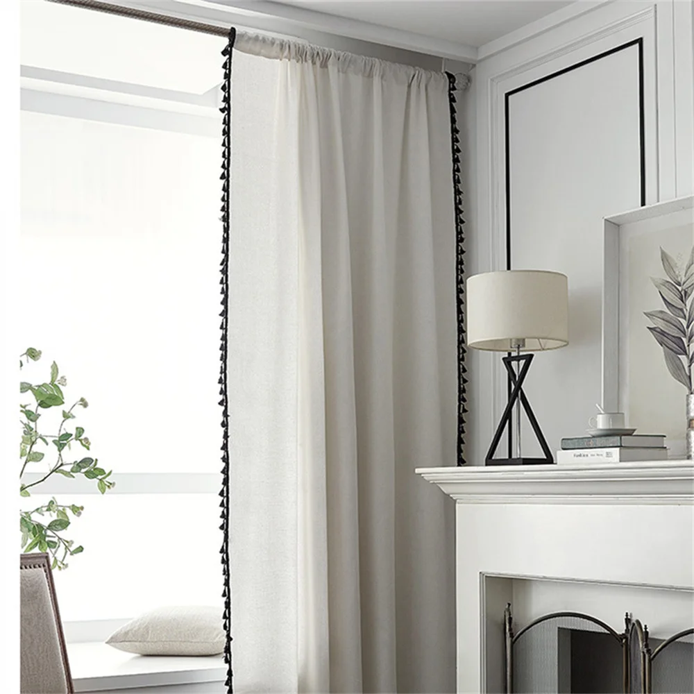 

Boho Semi-Blackout Crochet Curtains Dots Cotton Linen Tassels Cream Window Treatment Panels for Bedroom Living Room Decor