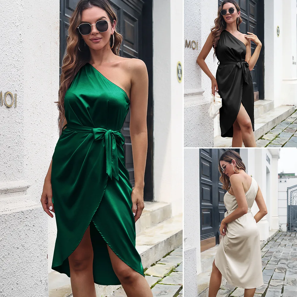

Single diagonal shoulder dress satin colored ding wrap dress for new women