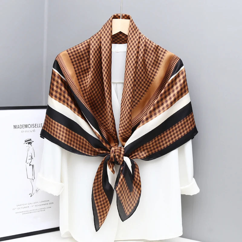 

Женский весенне-осенний клетчатый геометрический Печатный новый модный квадратный женский Шелковый мусульманский хиджаб 110 см декоративный шарф