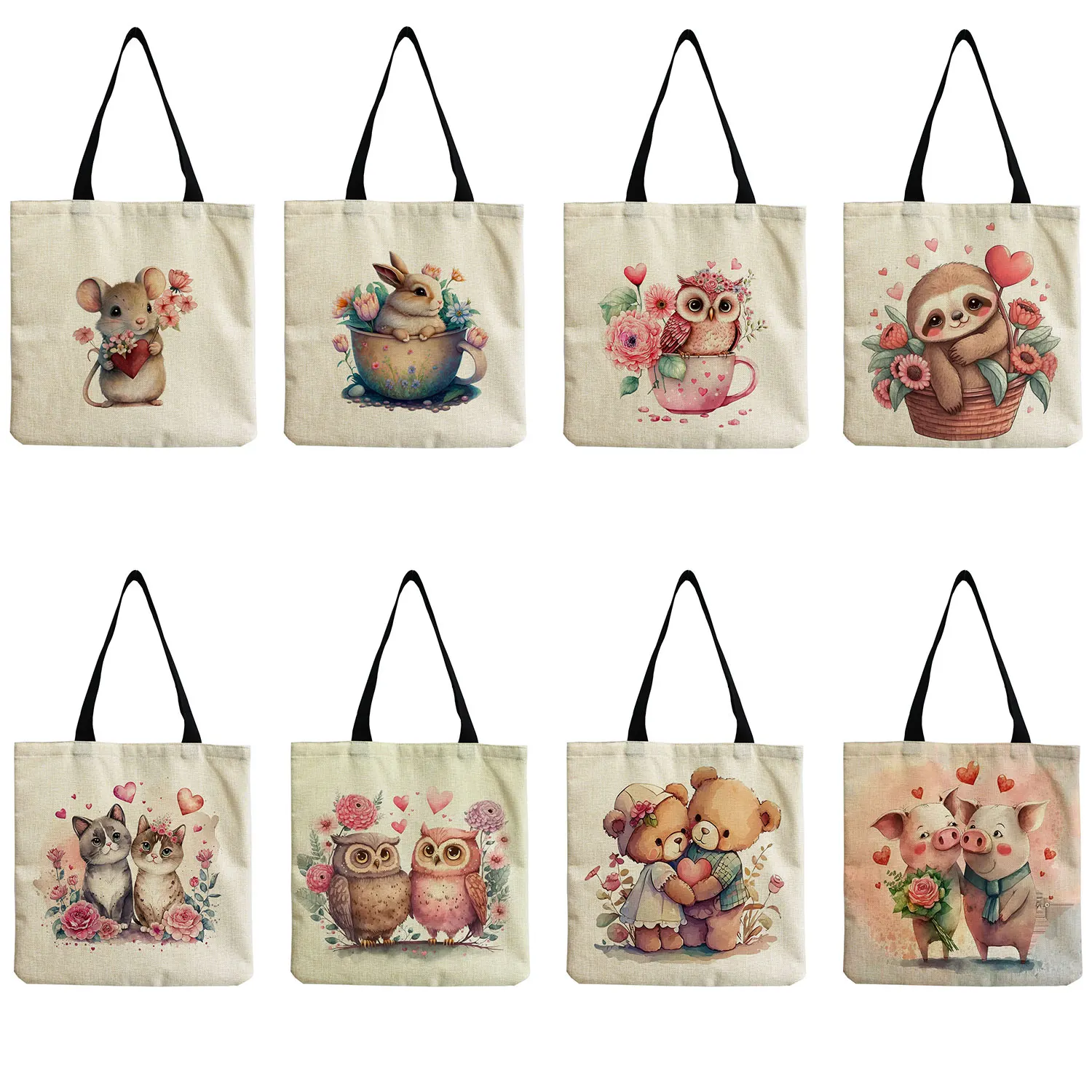 

Cartoon Cat Owl Rabbit Pattern Tote Bags Eco Reusable High Capacity Shopping Bag Pretty Flower Animal Printed Handbags For Women