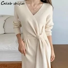 Шикарное вязаное платье цвета хаки, Новинка осени, модные шерстяные платья в Корейском стиле с длинным рукавом, облегающая зимняя одежда в полоску с круглым вырезом, 2021