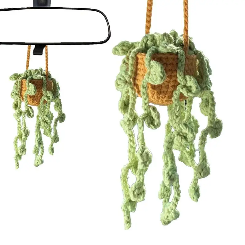 

Knitted Plant Car Mirror Hanger Potted Crochet Decor For Car Mirror Portable Handmade Knitted Rear View Mirror Decoration For