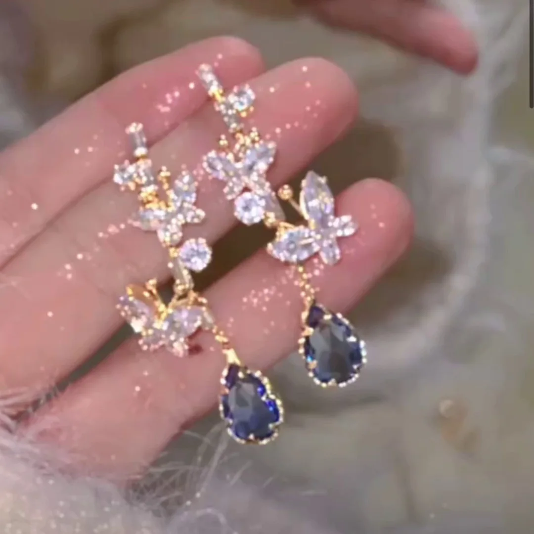 

Crystal Butterfly Blue Water Drop Pendant Earrings for Women Personality Summer Daily Accessories Party Jewelry Birthday Gift